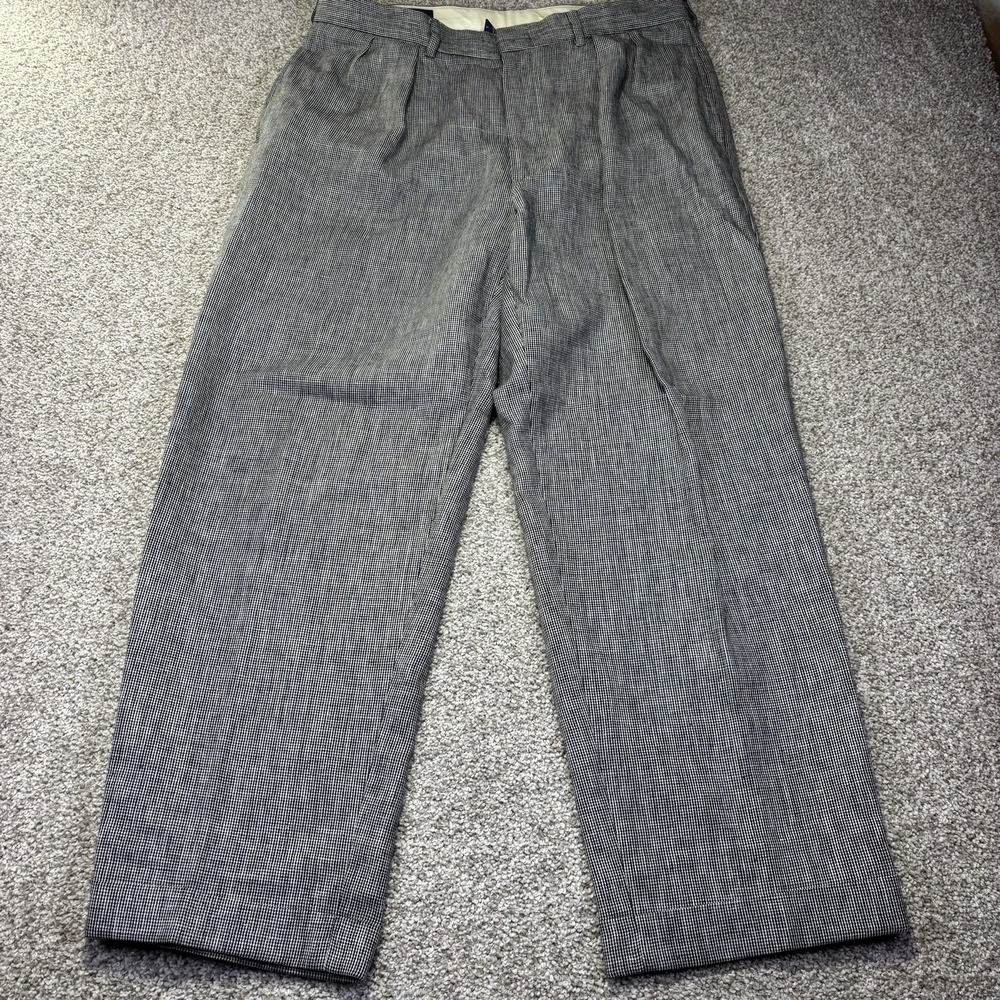 Polo Ralph Lauren Mens 36x30 Pleated Linen Cotton Check Trousers Black White
